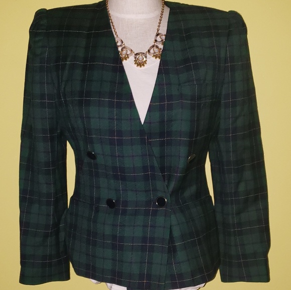 Vintage Green Tartan Wool Blazer - Picture 2 of 5